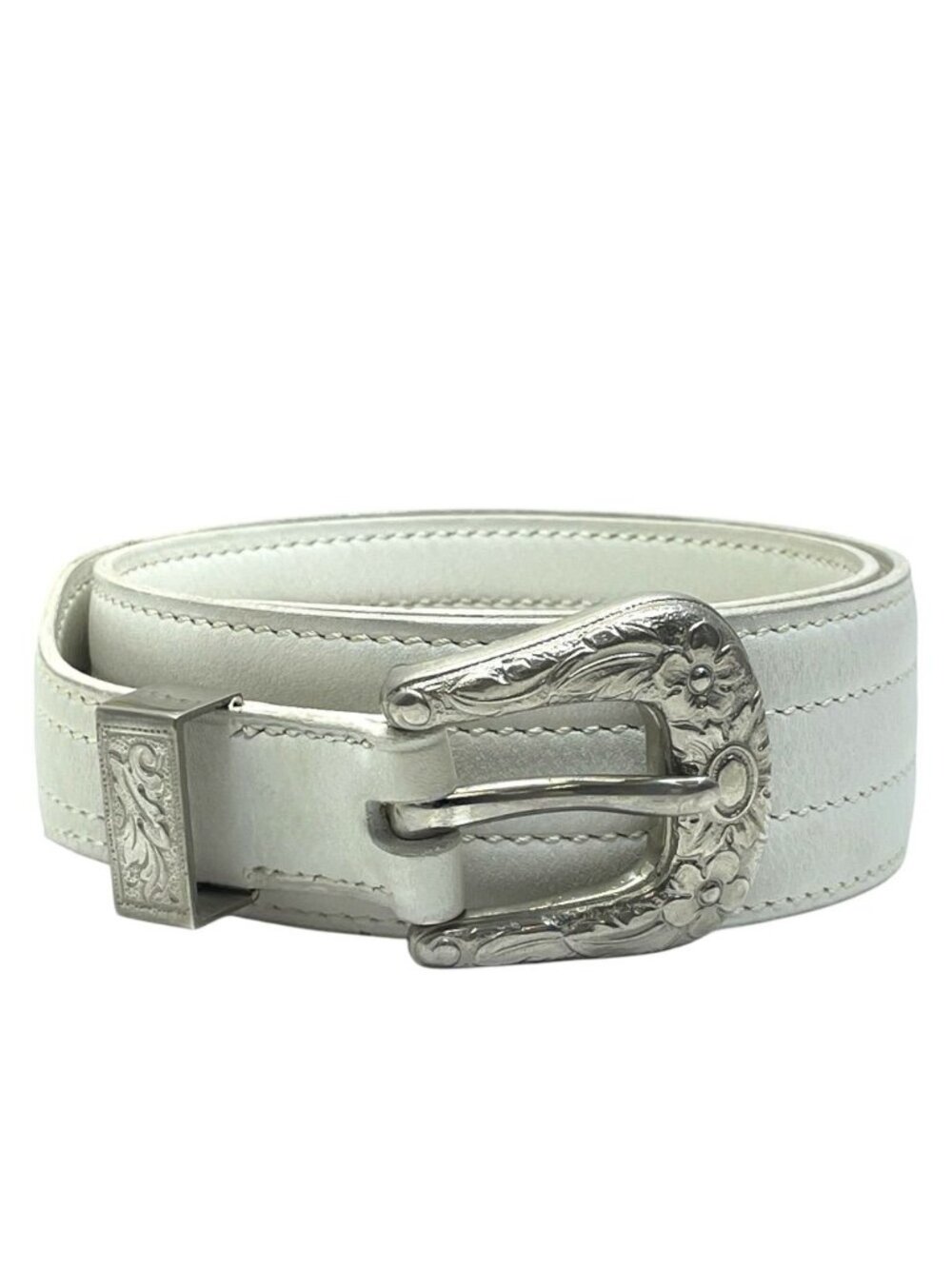 Hermes Belt Western Style Buckle Leather Metal White Silver Business